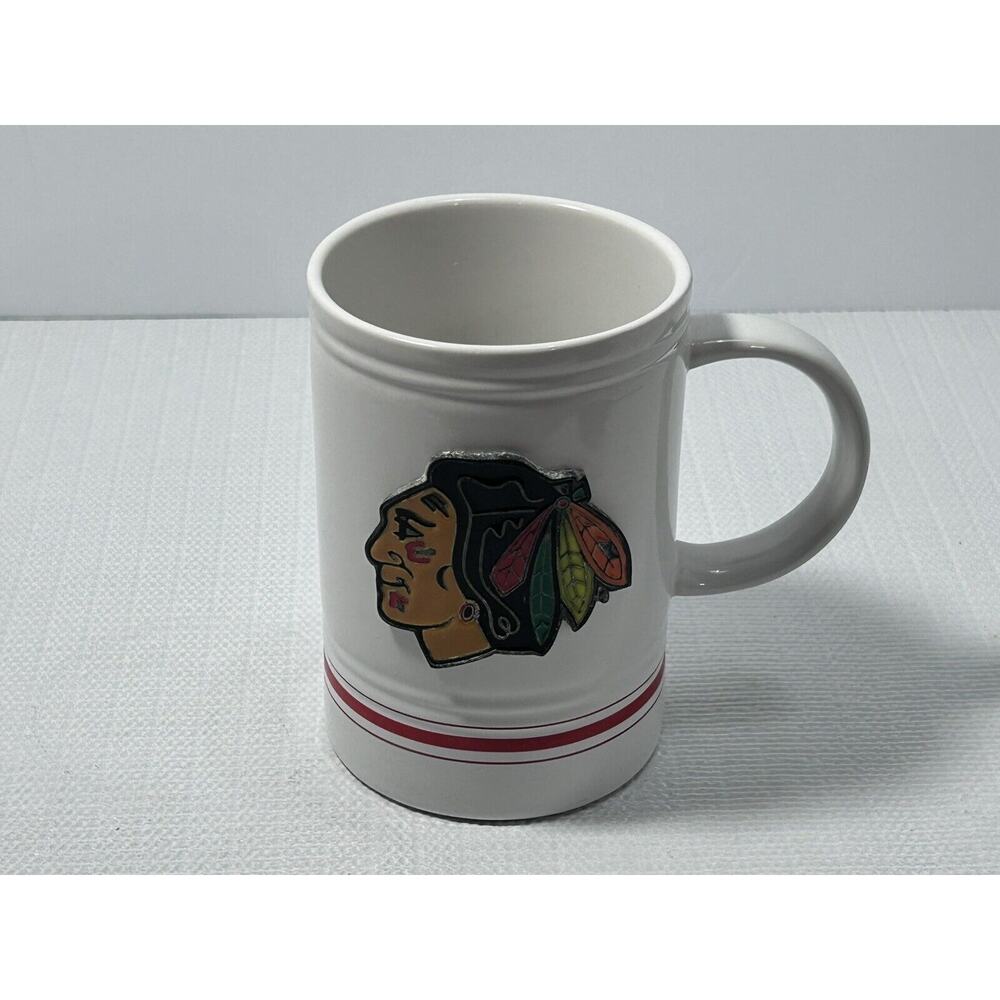 Chicago Blackhawks NHL White Ceramic Metallic Logo Emblem Coffee‎ Mug Cup 16 Oz
